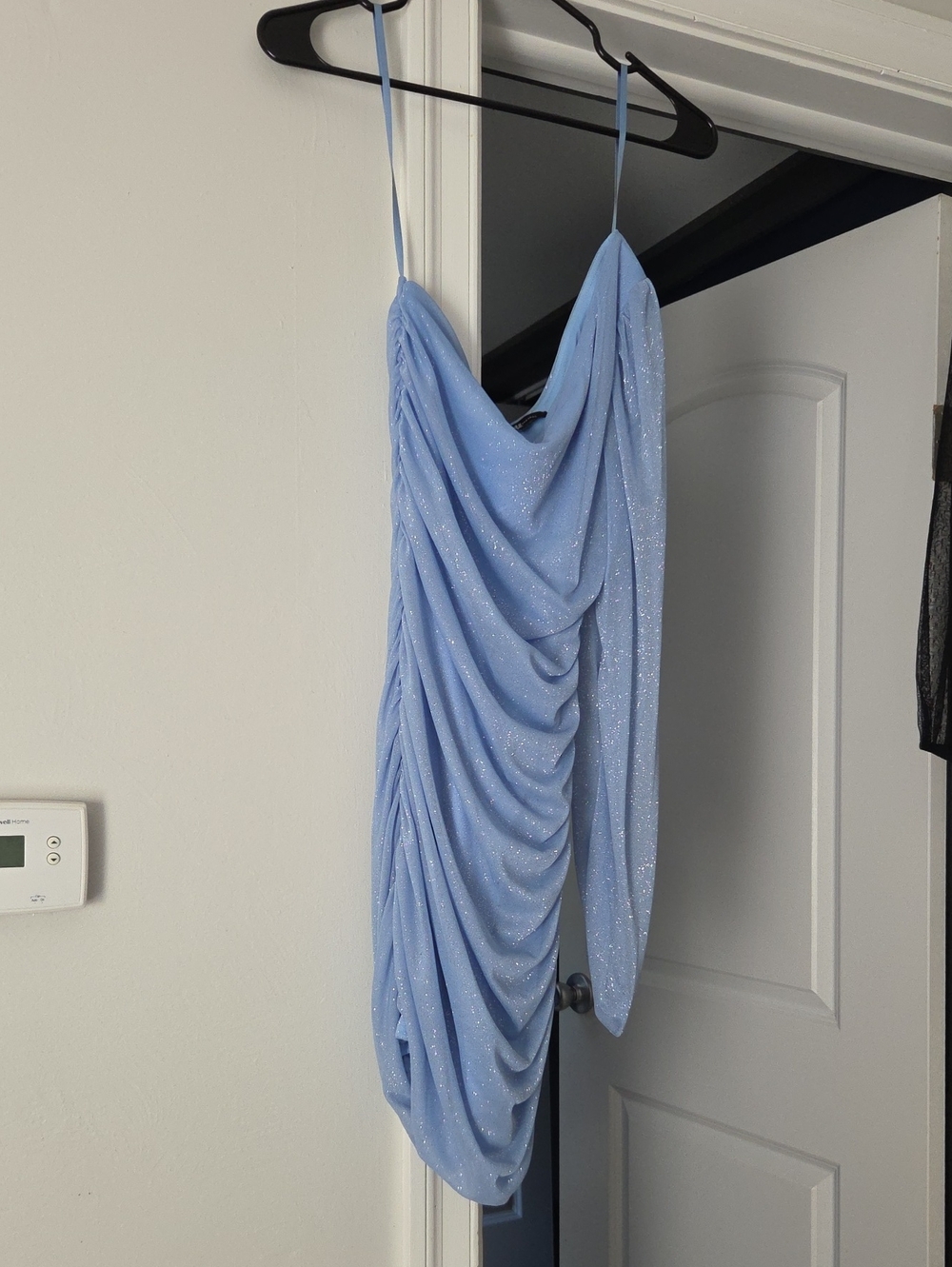 Jump Light Blue One-Shoulder Glitter Draped Dress